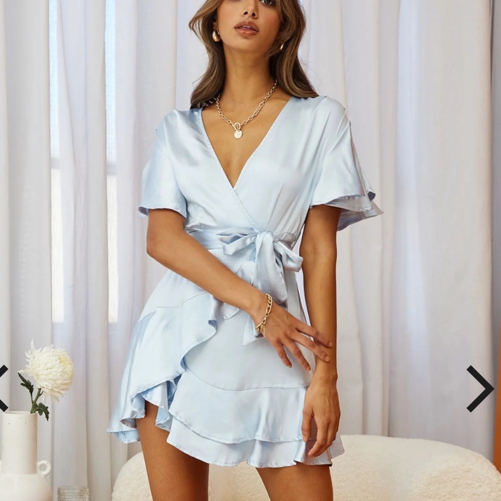 Selfie Leslie Cami Angel Sleeve Faux Wrap Dress Steel Blue